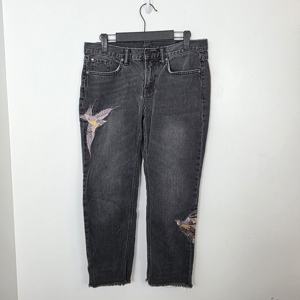 All Saints Black Birds‎ Embroidered Grunge Artsy Raw Hem Cropped Jeans Size 27